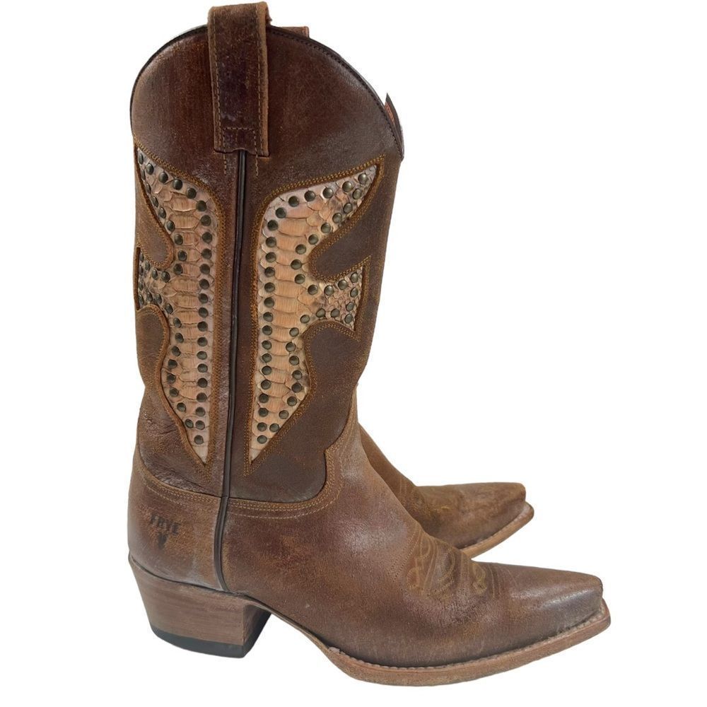 Frye Brown Leather Studded Western Heeled Boots